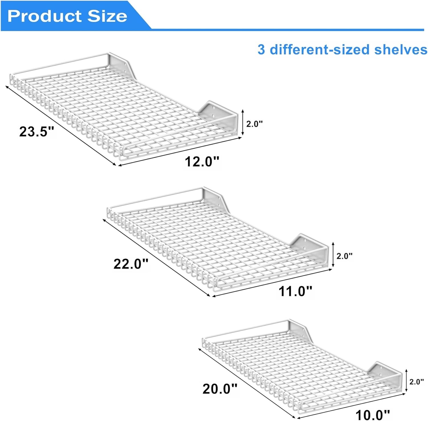 TORACK Wall-Mounted Storage Shelves, Mixed-Size Garage Floating Shelving for Closet & Laundry Room, Heavy-Duty Wall Shelf Holds Up to 65 lbs(Black)(White)