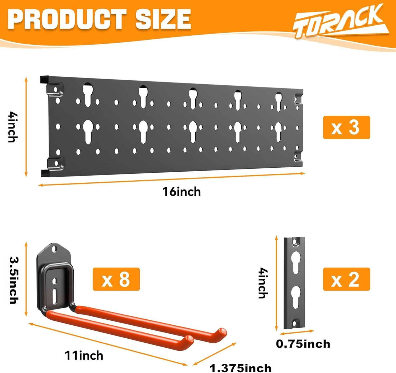 TORACK Garden Tool Organizer Wall Mount, Garage Folding Chair Storage Rack, Tools Rack for Shovels, Rakes, Broom, Ladders, Hooks for Keyhole Style Shelving Unit(3 panels with 8 hooks)