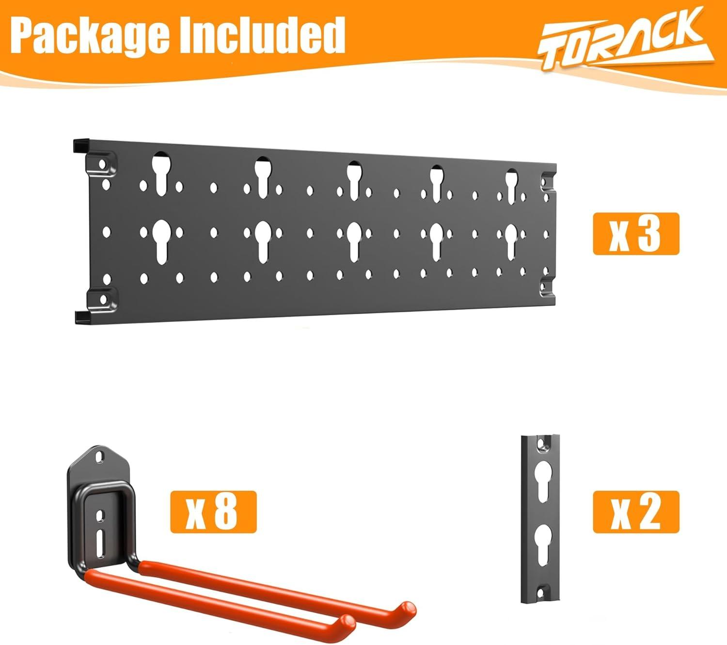 TORACK Garden Tool Organizer Wall Mount, Garage Folding Chair Storage Rack, Tools Rack for Shovels, Rakes, Broom, Ladders, Hooks for Keyhole Style Shelving Unit(3 panels with 8 hooks)