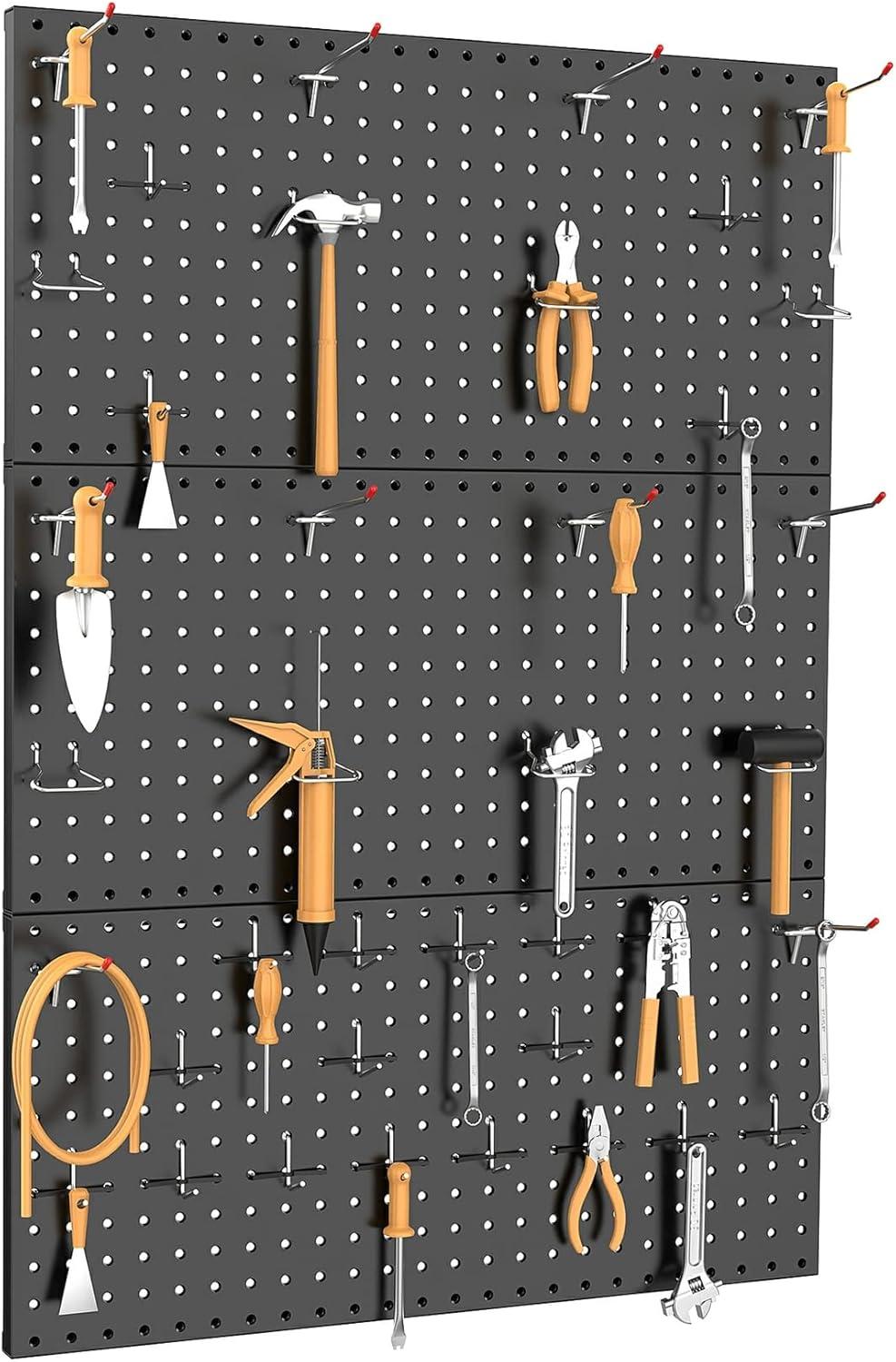 TORACK 3 PCS Metal Pegboard Panels for Wall Garage Utility Tools Storage Pegboard for Workbench, Shop, Modular Peg Board Tool Organizer Boards(Pack of 3, Black)(Black)