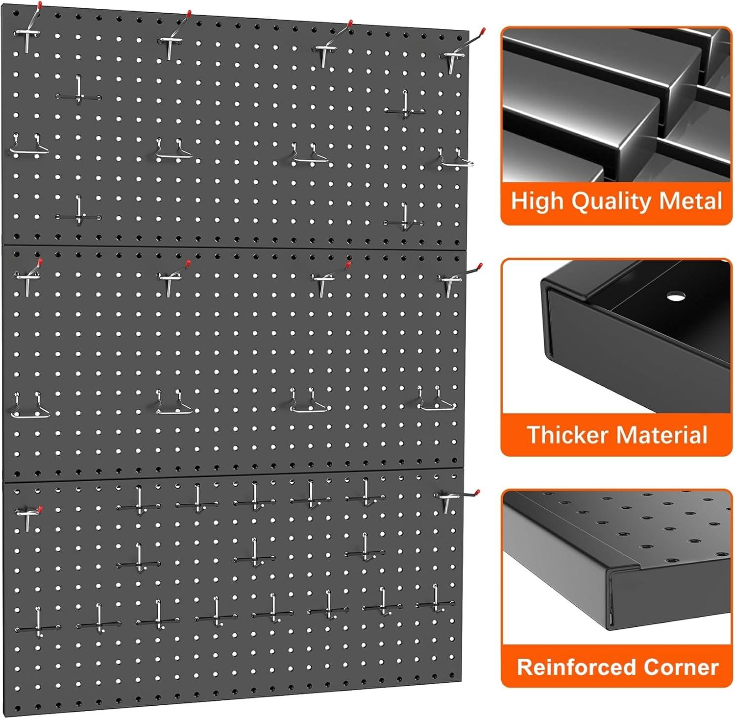 TORACK 3 PCS Metal Pegboard Panels for Wall Garage Utility Tools Storage Pegboard for Workbench, Shop, Modular Peg Board Tool Organizer Boards(Pack of 3, Black)(Black)