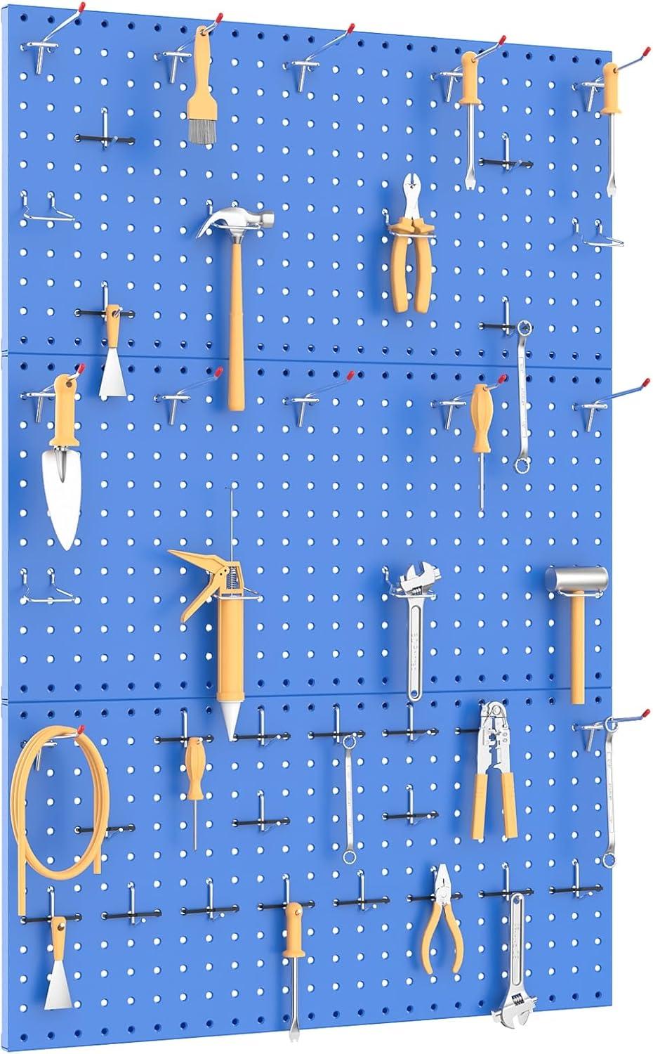 TORACK 3 PCS Metal Pegboard Panels for Wall Garage Utility Tools Storage Pegboard for Workbench, Shop, Modular Peg Board Tool Organizer Boards(Pack of 3, Black)(Blue)