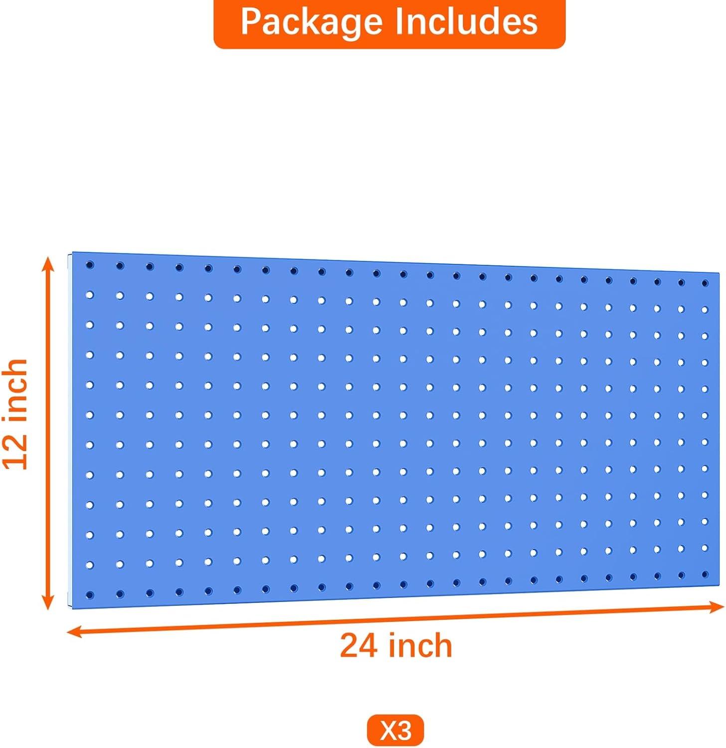 TORACK 3 PCS Metal Pegboard Panels for Wall Garage Utility Tools Storage Pegboard for Workbench, Shop, Modular Peg Board Tool Organizer Boards(Pack of 3, Black)(Blue)