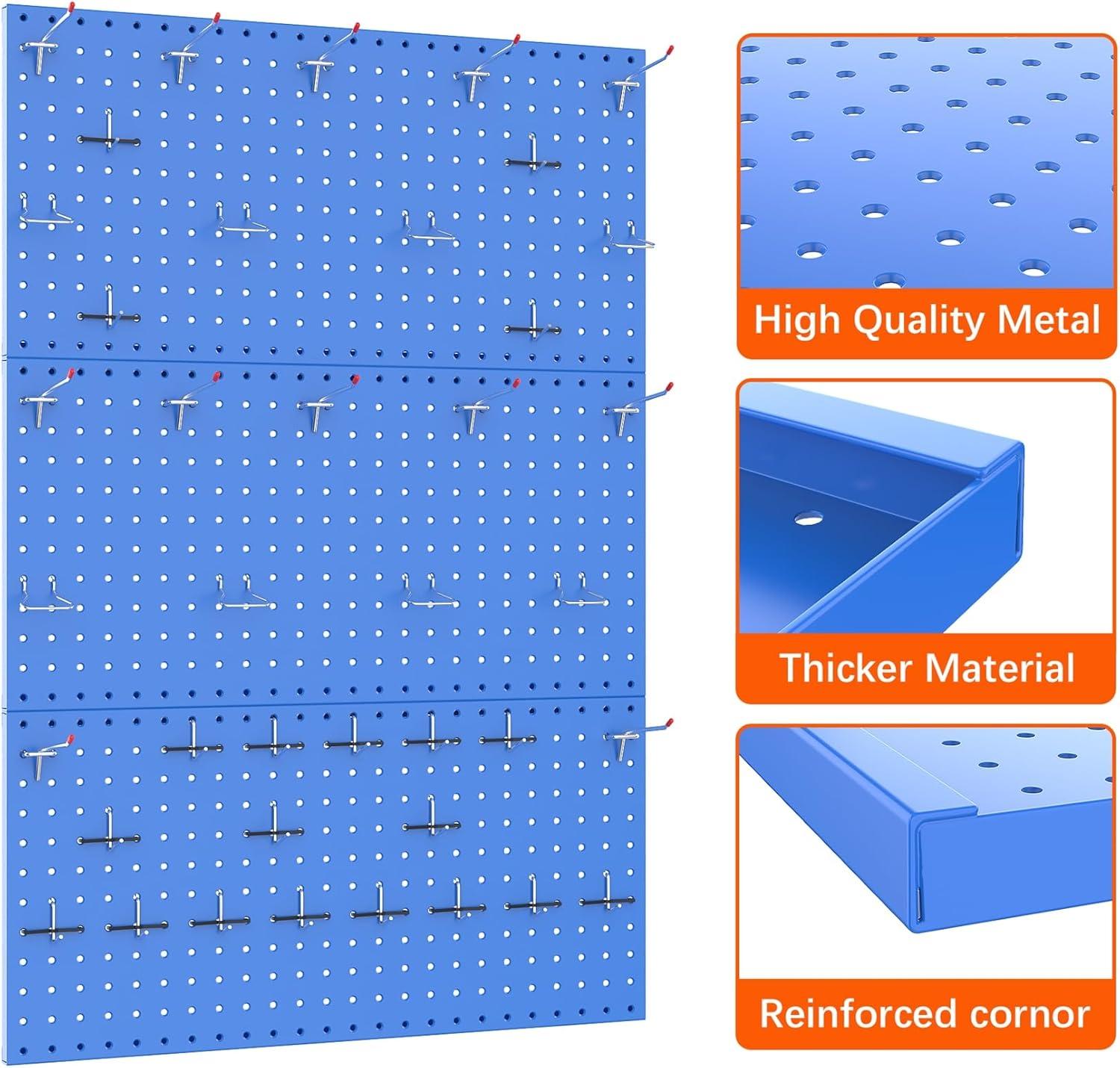 TORACK 3 PCS Metal Pegboard Panels for Wall Garage Utility Tools Storage Pegboard for Workbench, Shop, Modular Peg Board Tool Organizer Boards(Pack of 3, Black)(Blue)