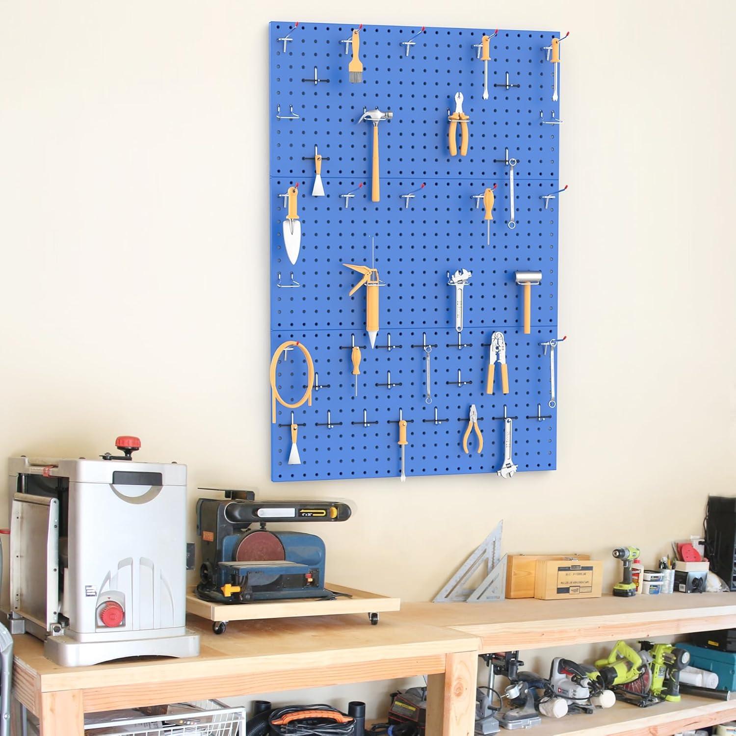 TORACK 3 PCS Metal Pegboard Panels for Wall Garage Utility Tools Storage Pegboard for Workbench, Shop, Modular Peg Board Tool Organizer Boards(Pack of 3, Black)(Blue)