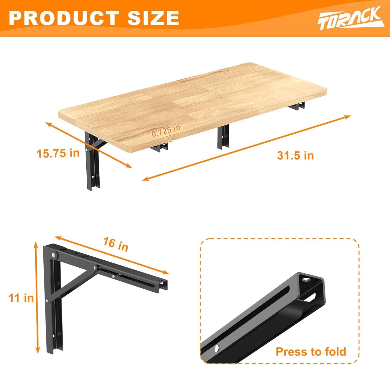 TORACK Heavy Duty Wall Mounted Folding Workbench, Space-Saving Collapsible Wall Table/Desk for Garage Workshop, Holds Up to 550 lbs(Board Size: 47.25 x 22.75 in)(31.5×15.75 Inch)