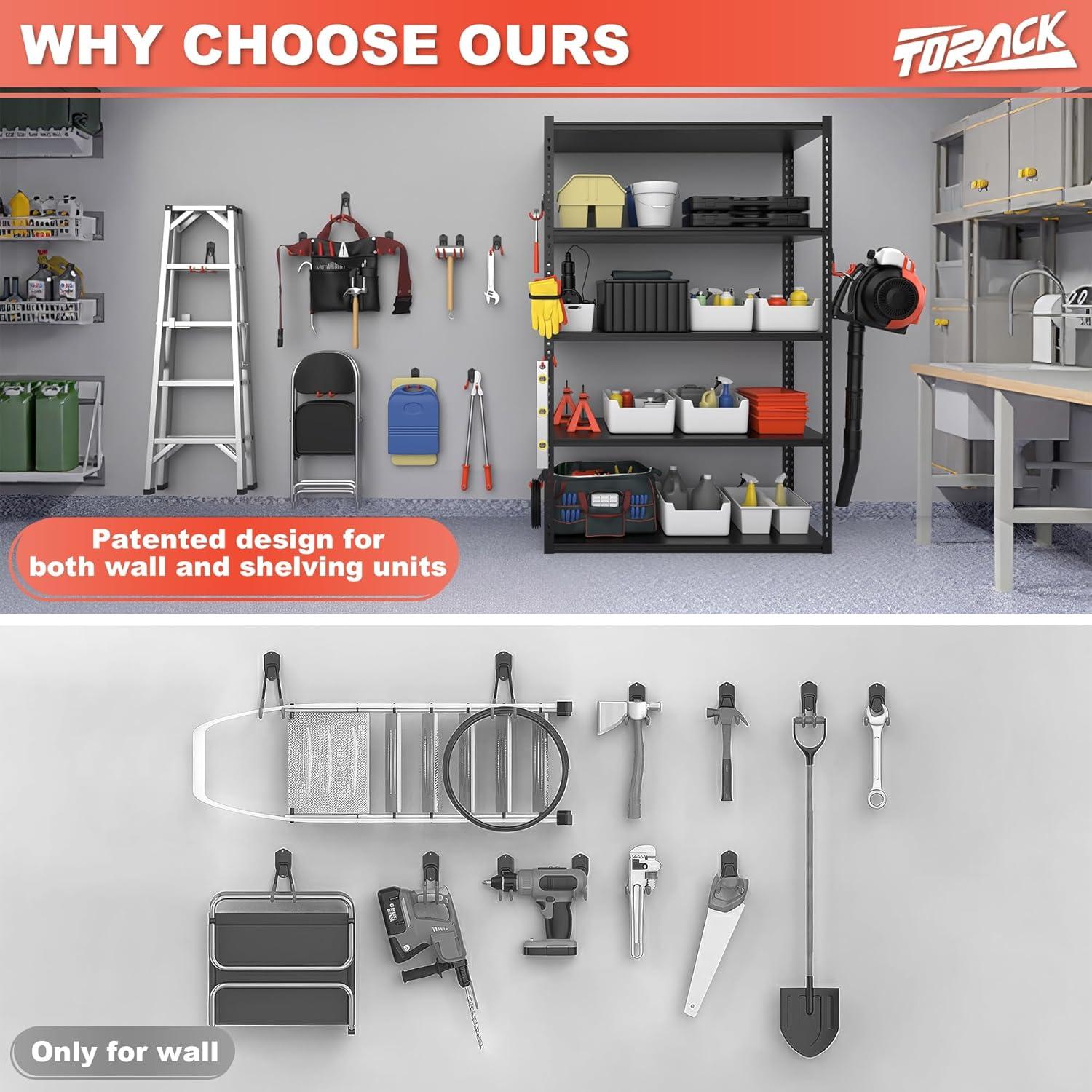 TORACK 15 PCS Garage Storage System Hooks, Shelving Hooks for Keyhole Shelving Units Wall Mount Utility Hooks for Tools, Ladders, Cords, Folding Chairs, Shovels and Rakes(Black)(Orange)