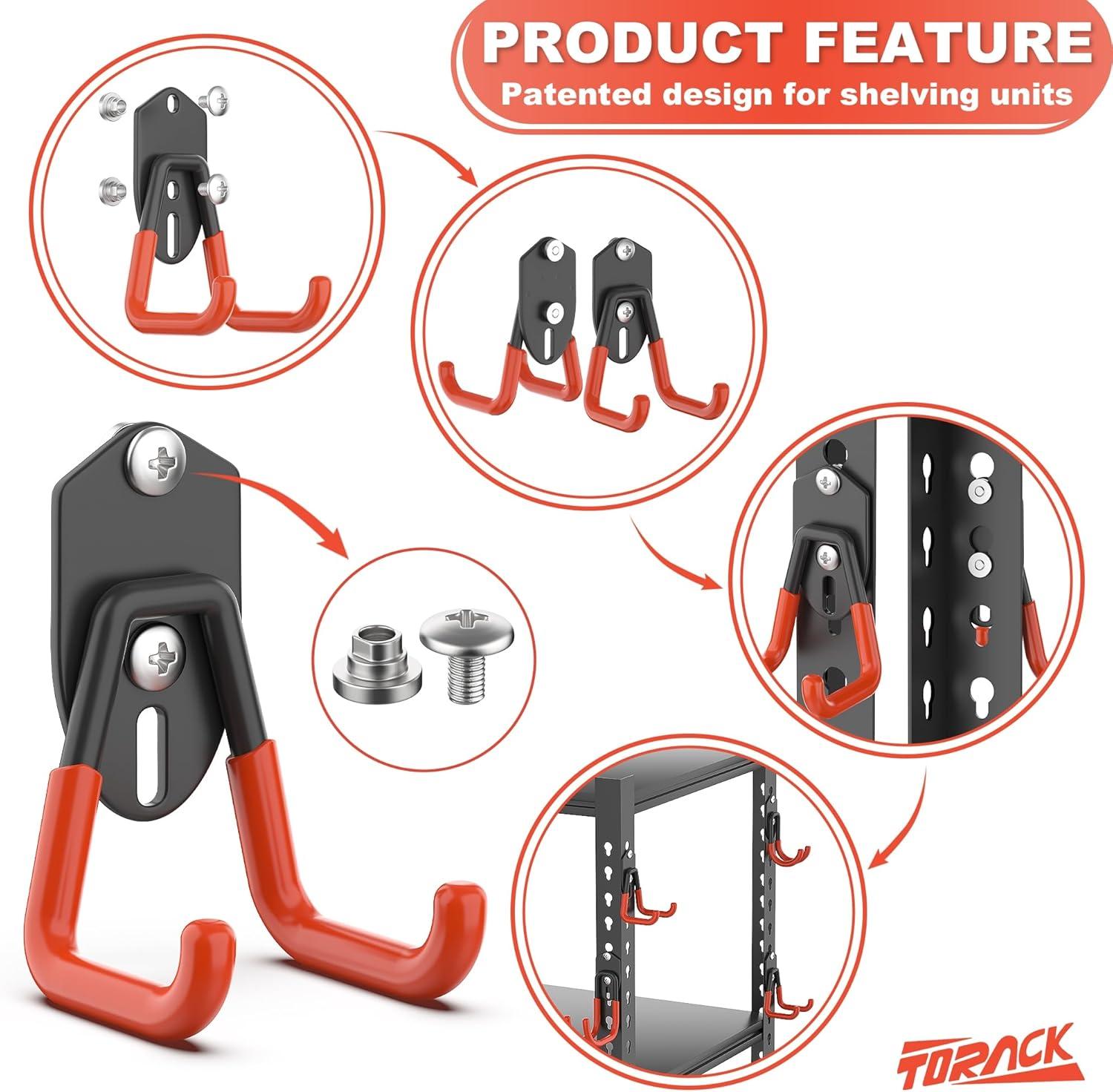 TORACK 15 PCS Garage Storage System Hooks, Shelving Hooks for Keyhole Shelving Units Wall Mount Utility Hooks for Tools, Ladders, Cords, Folding Chairs, Shovels and Rakes(Black)(Orange)