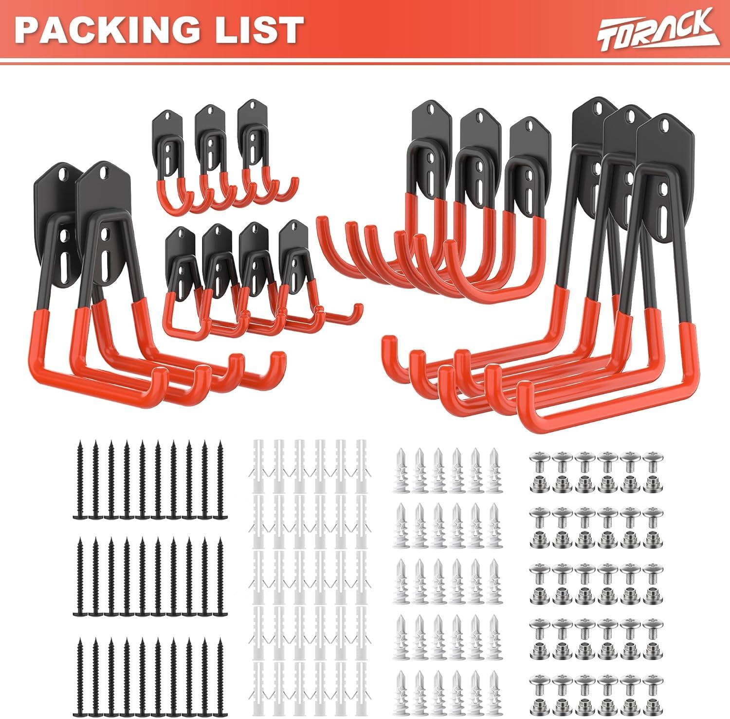TORACK 15 PCS Garage Storage System Hooks, Shelving Hooks for Keyhole Shelving Units Wall Mount Utility Hooks for Tools, Ladders, Cords, Folding Chairs, Shovels and Rakes(Black)(Orange)