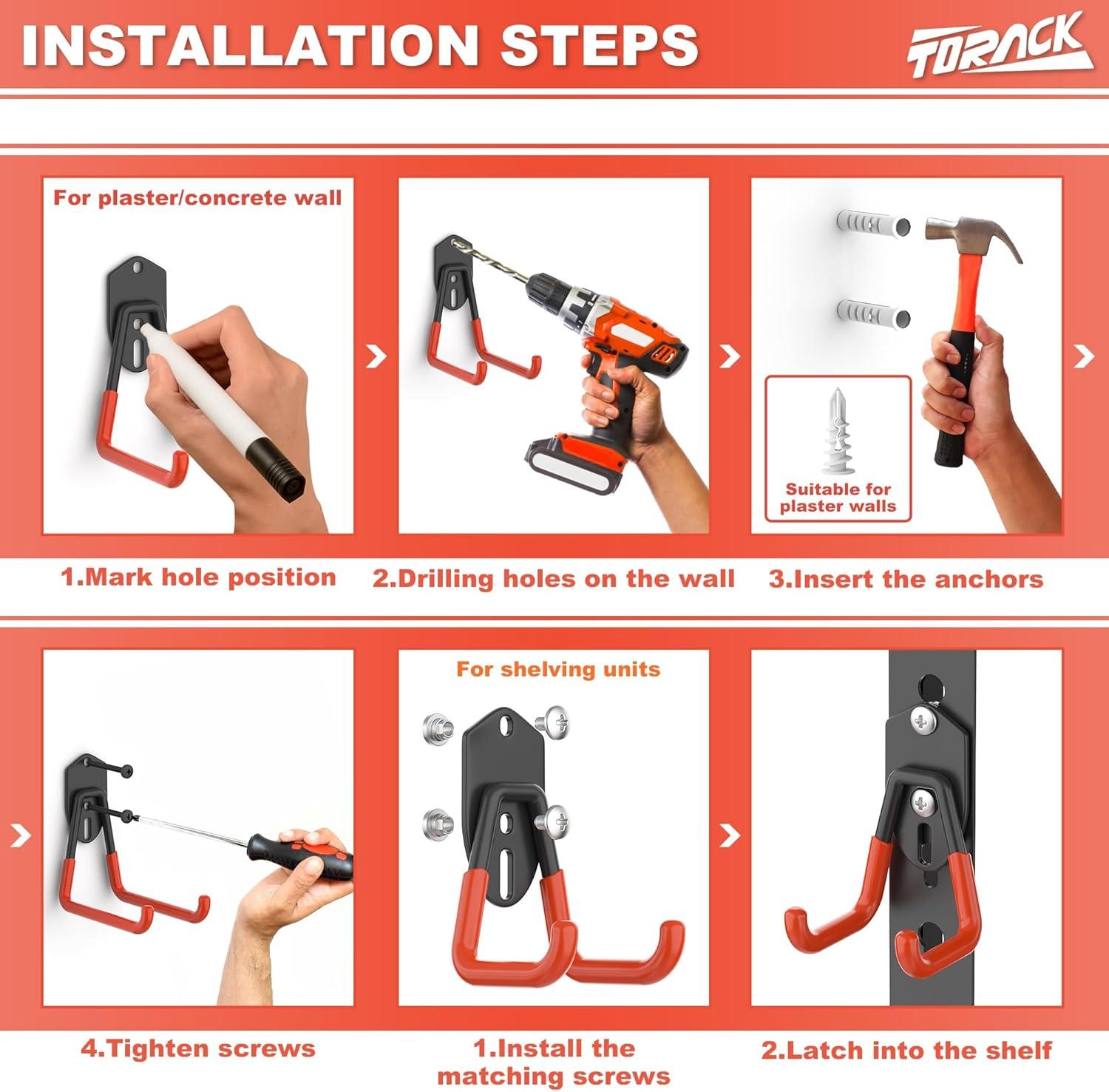 TORACK 15 PCS Garage Storage System Hooks, Shelving Hooks for Keyhole Shelving Units Wall Mount Utility Hooks for Tools, Ladders, Cords, Folding Chairs, Shovels and Rakes(Black)(Orange)