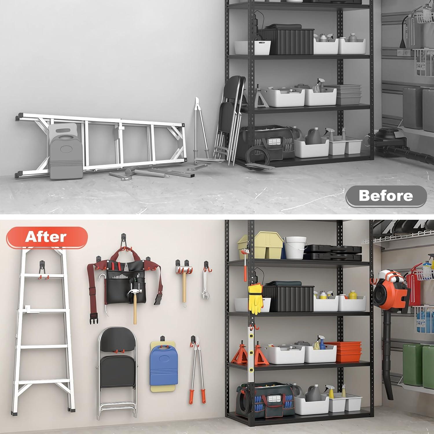 TORACK 15 PCS Garage Storage System Hooks, Shelving Hooks for Keyhole Shelving Units Wall Mount Utility Hooks for Tools, Ladders, Cords, Folding Chairs, Shovels and Rakes(Black)(Orange)