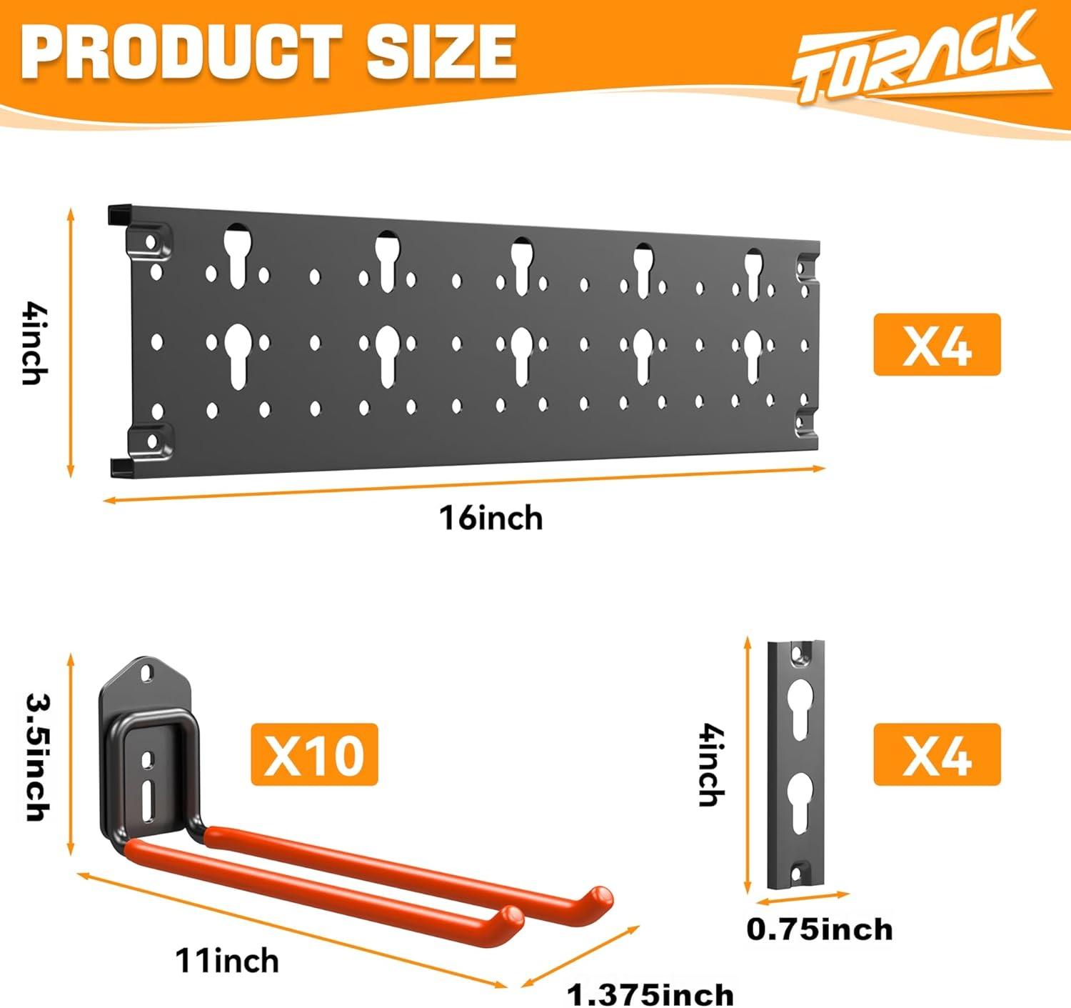 TORACK Garden Tool Organizer Wall Mount, Garage Folding Chair Storage Rack, Tools Rack for Shovels, Rakes, Broom, Ladders, Hooks for Keyhole Style Shelving Unit(4 panels with 10 hooks)
