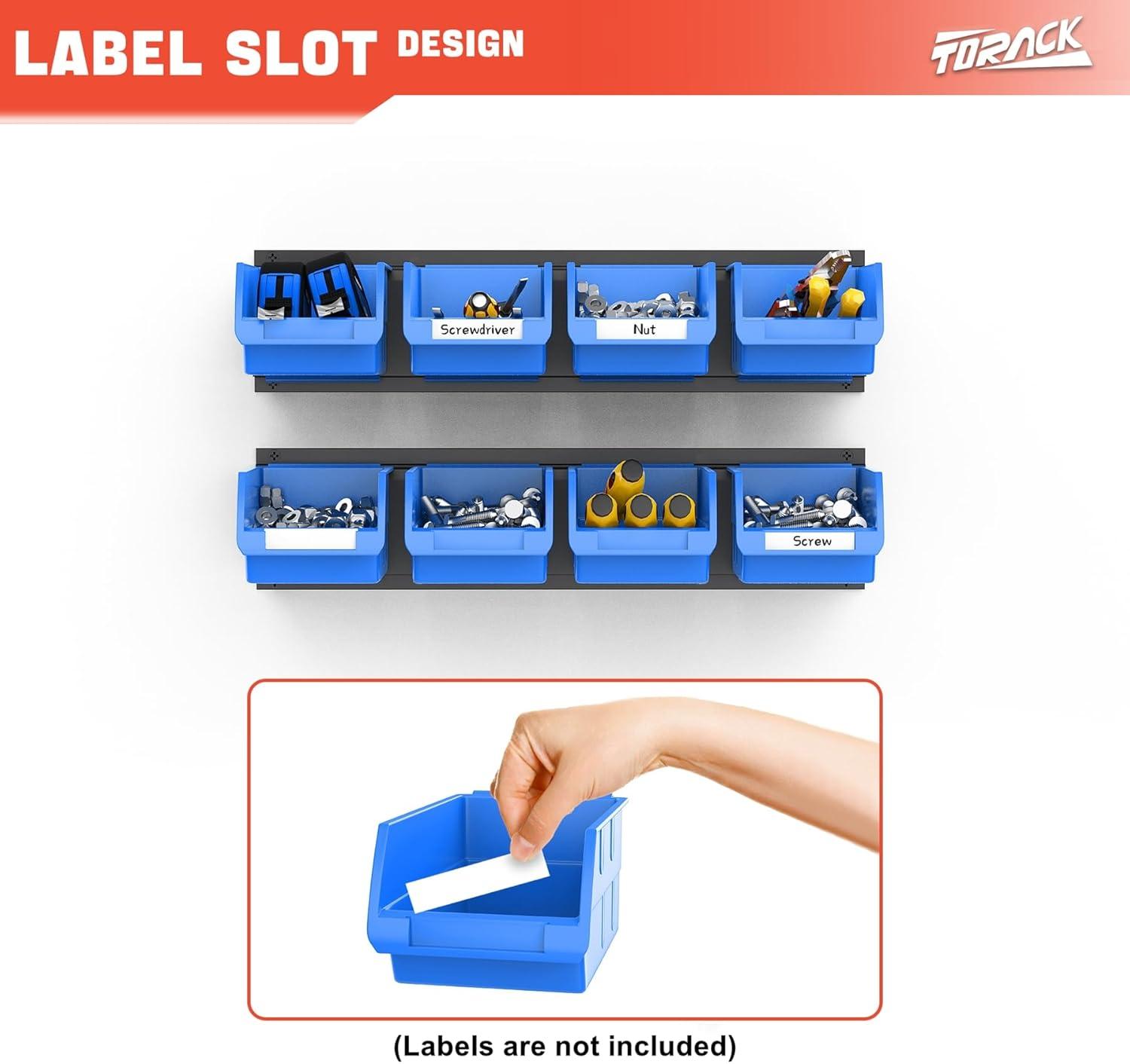 TORACK Wall-Mounted Storage Bins, 16 Plastic Bins for Tools Organization in Garage, Craft Room, and Shop(4-Pack, Blue)(Blue)
