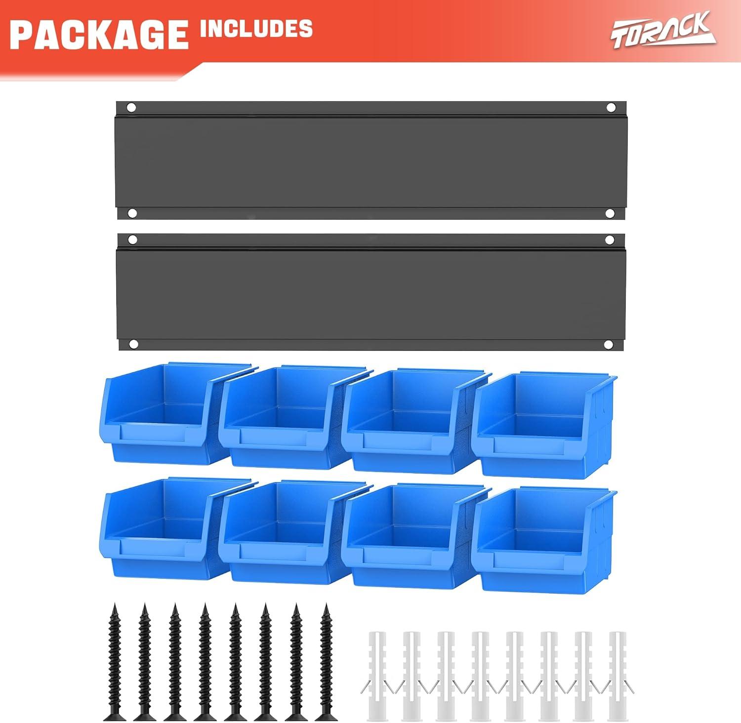 TORACK Wall-Mounted Storage Bins, 16 Plastic Bins for Tools Organization in Garage, Craft Room, and Shop(4-Pack, Blue)(Blue)