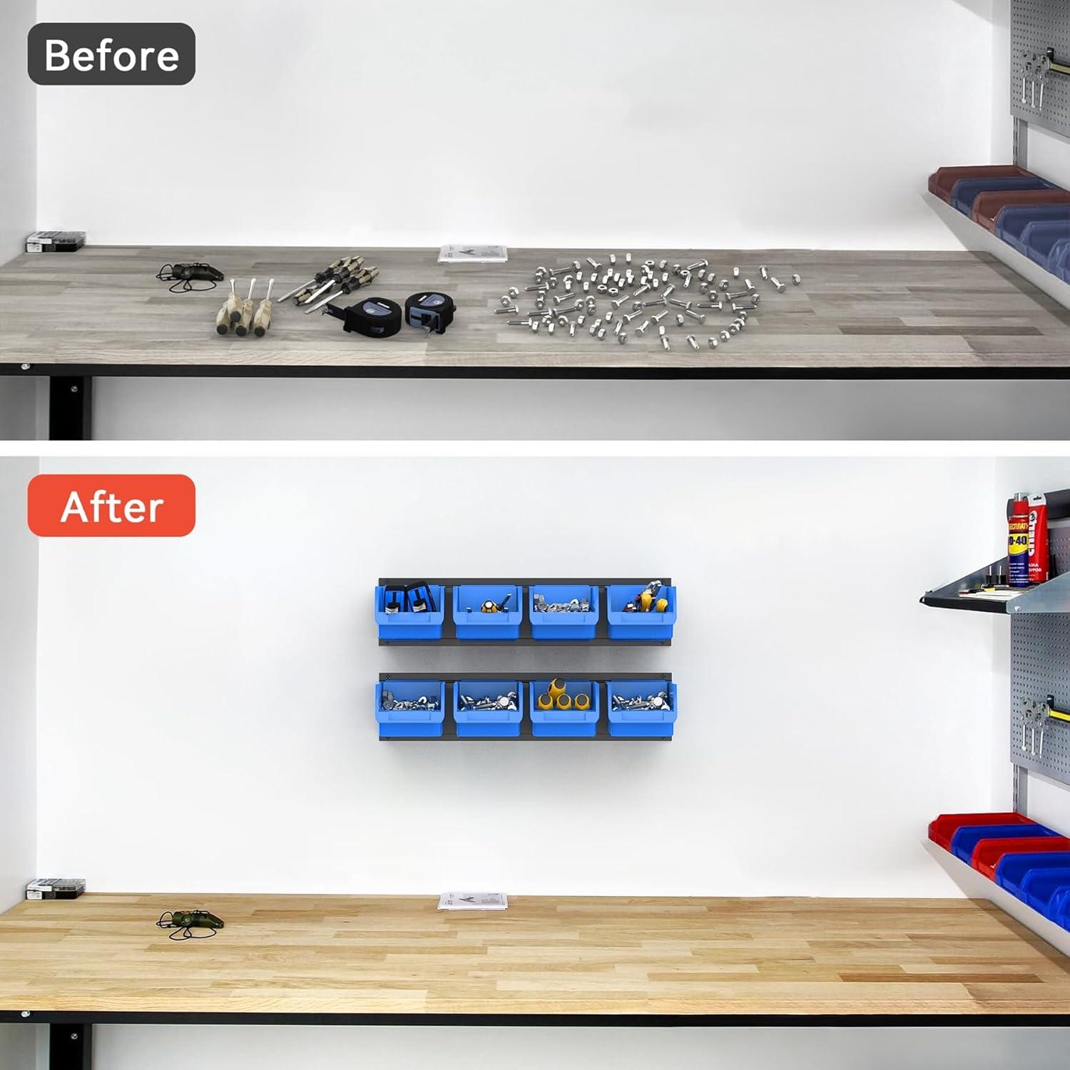 TORACK Wall-Mounted Storage Bins, 16 Plastic Bins for Tools Organization in Garage, Craft Room, and Shop(4-Pack, Blue)(Blue)