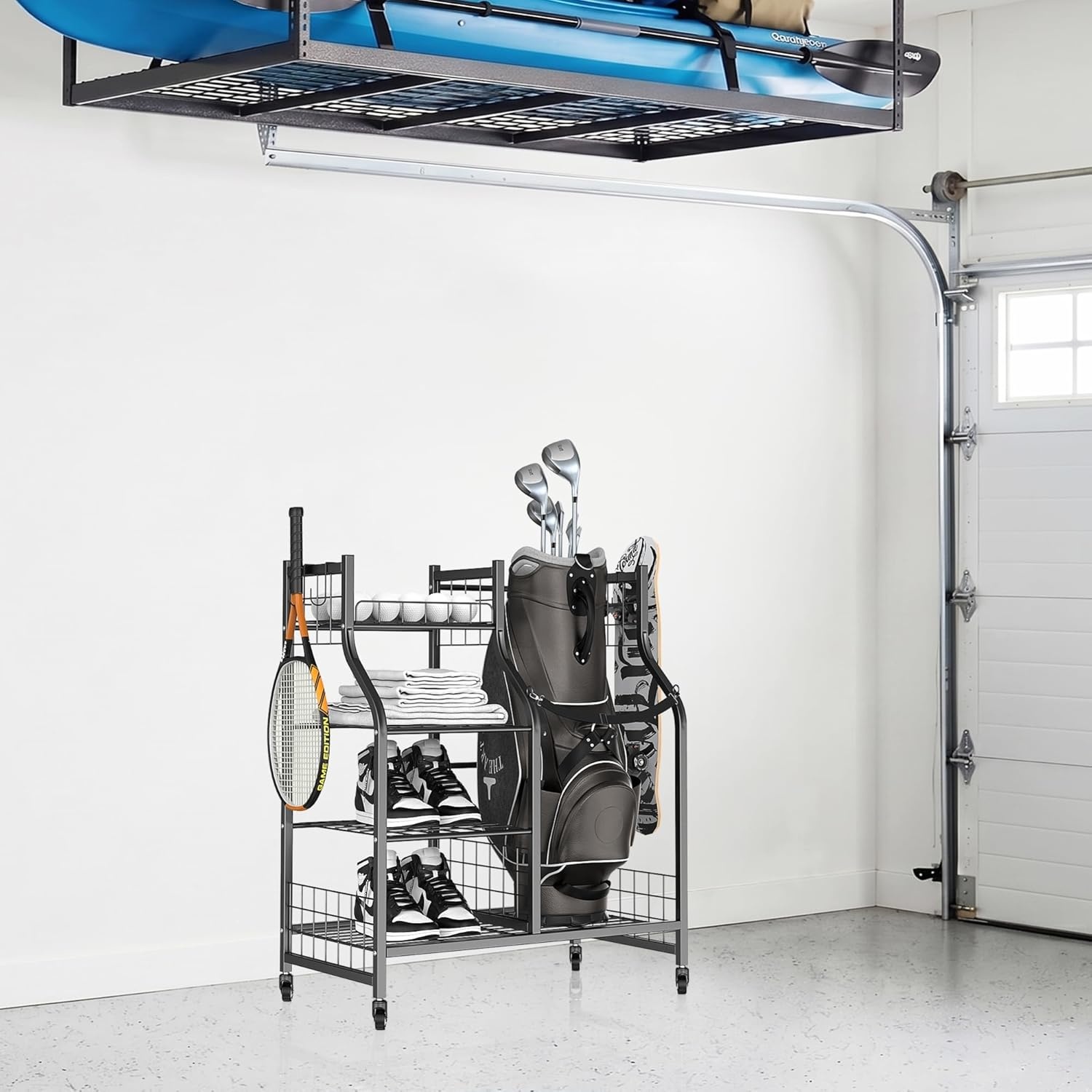 TORACK Golf Bag Storage for Garage, Rolling Golf Bag Stand, Golf Equipment & Accessories Storage Rack with Shelves(Black)