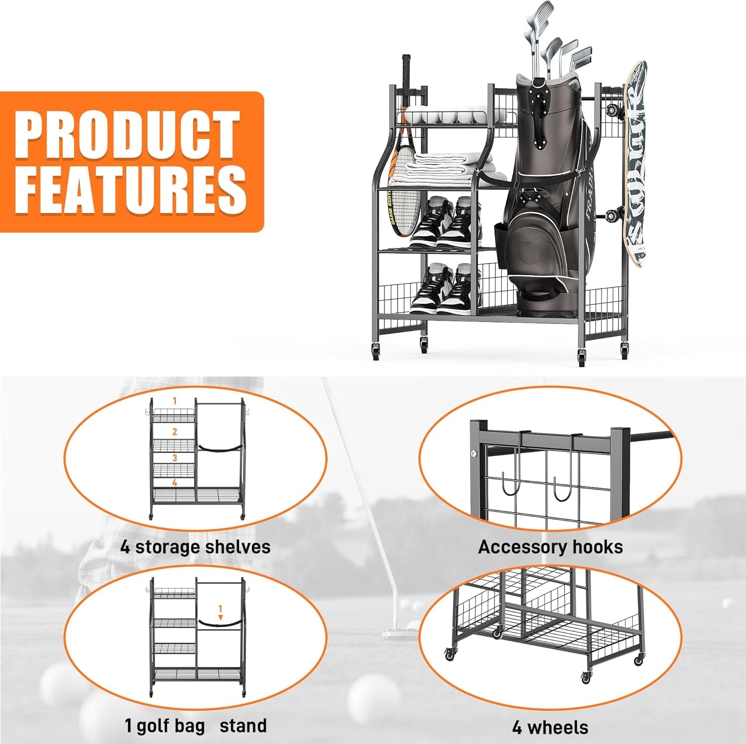 TORACK Golf Bag Storage for Garage, Rolling Golf Bag Stand, Golf Equipment & Accessories Storage Rack with Shelves(Black)