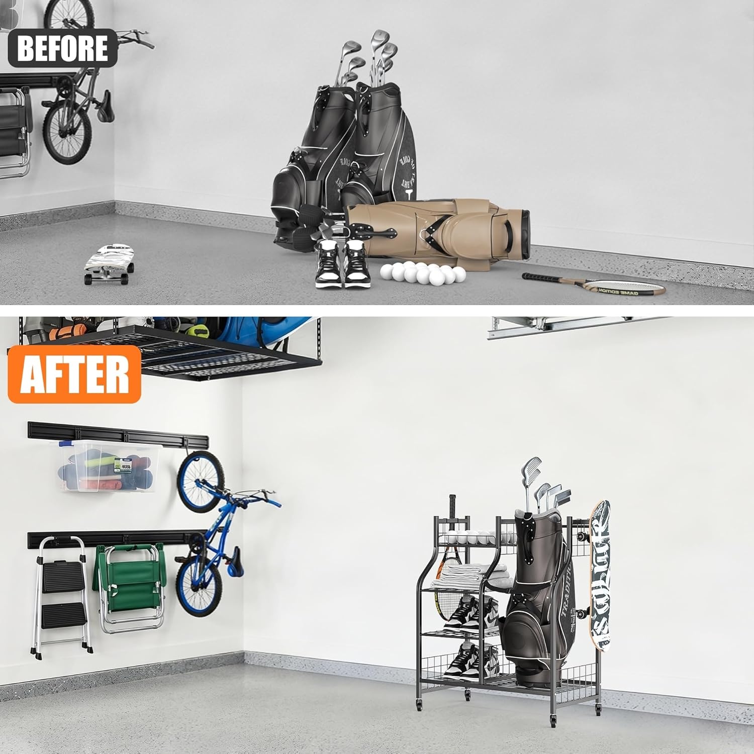 TORACK Golf Bag Storage for Garage, Rolling Golf Bag Stand, Golf Equipment & Accessories Storage Rack with Shelves(Black)