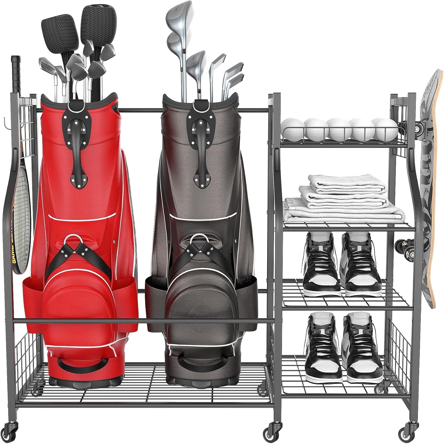 TORACK Golf Bag Storage for Garage, Rolling Golf Bag Stand, Golf Equipment & Accessories Storage Rack with Shelves(Black)