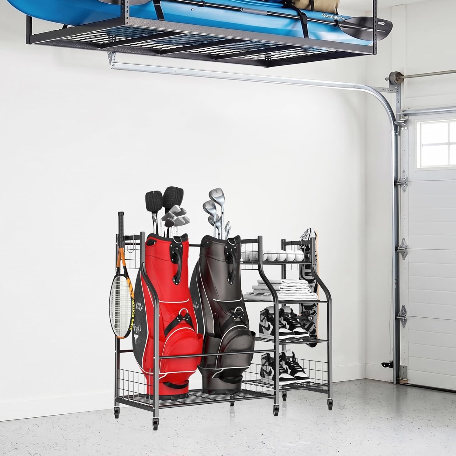 TORACK Golf Bag Storage for Garage, Rolling Golf Bag Stand, Golf Equipment & Accessories Storage Rack with Shelves(Black)