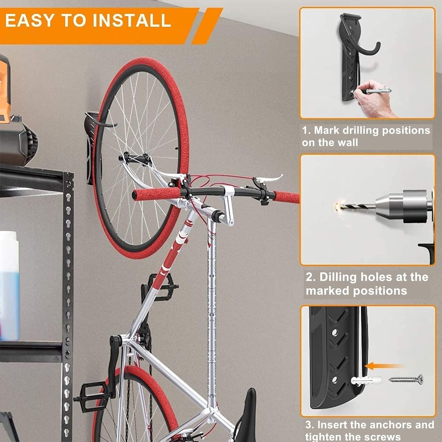TORACK Bike Rack for Garage Wall Mount, 2 Pack Bike Hangers for Garage Storage System, Vertical Bicycle Hooks for Garage Indoor Space-saving