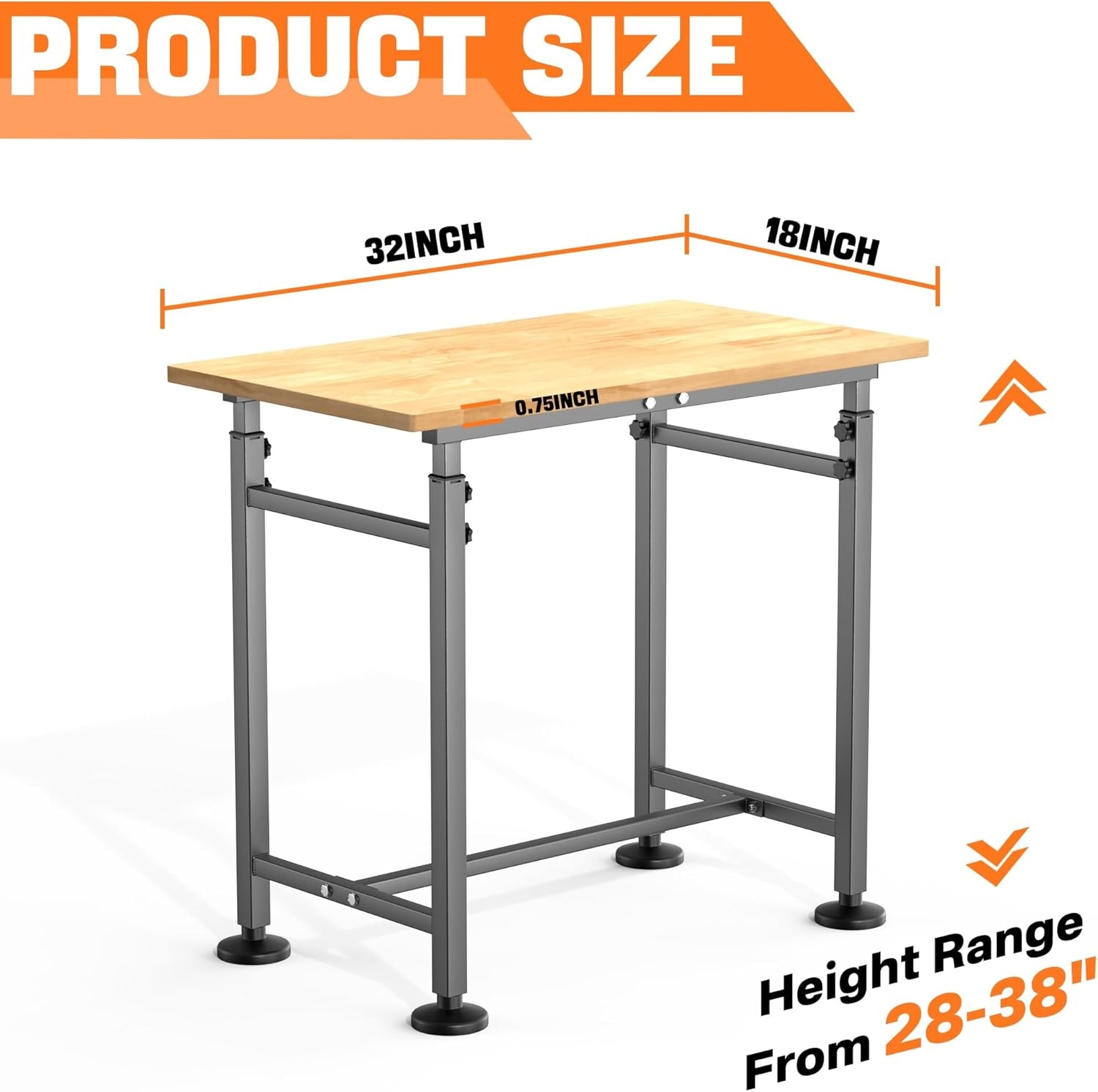TORACK Adjustable Workbench with Rubberwood Top, 32″ x 18″ Heavy-Duty Garage Work Table, Height Adjustable 28″–38″, Supports Up to 1500 lbs(32 x 18 inch)