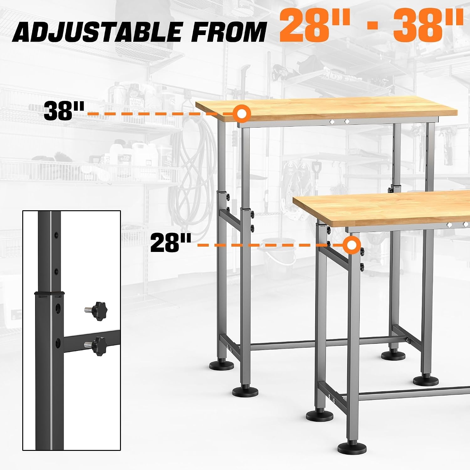 TORACK Adjustable Workbench with Rubberwood Top, 32″ x 18″ Heavy-Duty Garage Work Table, Height Adjustable 28″–38″, Supports Up to 1500 lbs(32 x 18 inch)