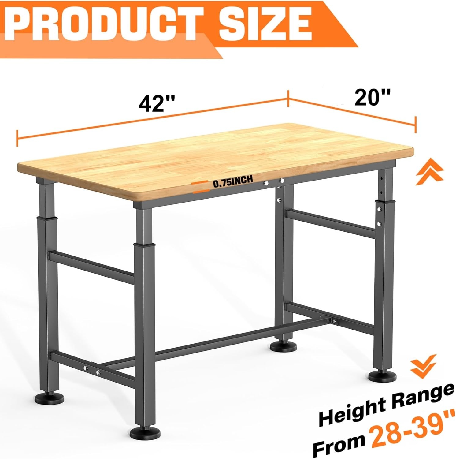 TORACK Adjustable Workbench with Rubberwood Top, 32″ x 18″ Heavy-Duty Garage Work Table, Height Adjustable 28″–38″, Supports Up to 1500 lbs(42 x 20 inch)
