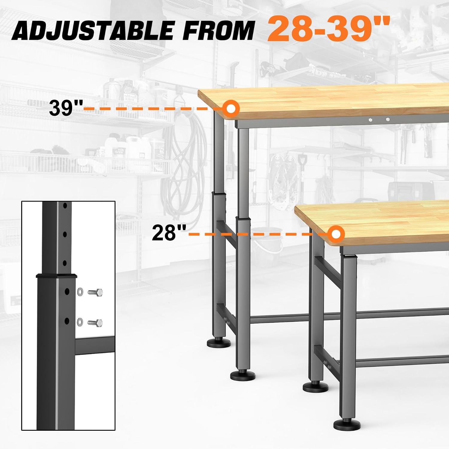 TORACK Adjustable Workbench with Rubberwood Top, 32″ x 18″ Heavy-Duty Garage Work Table, Height Adjustable 28″–38″, Supports Up to 1500 lbs(42 x 20 inch)