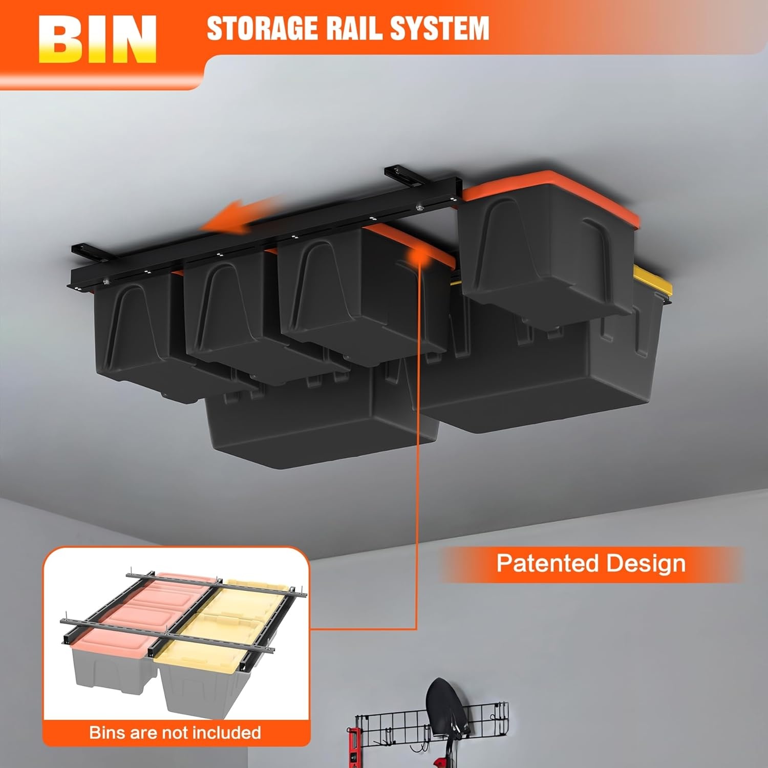 TORACK Garage Ceiling Bin Storage Rack, Overhead Tote Storage Rail System Heavy Duty Adjustable Tote Slide Rails Garage Bins Storage System(Black, Bins are not included)(Black)