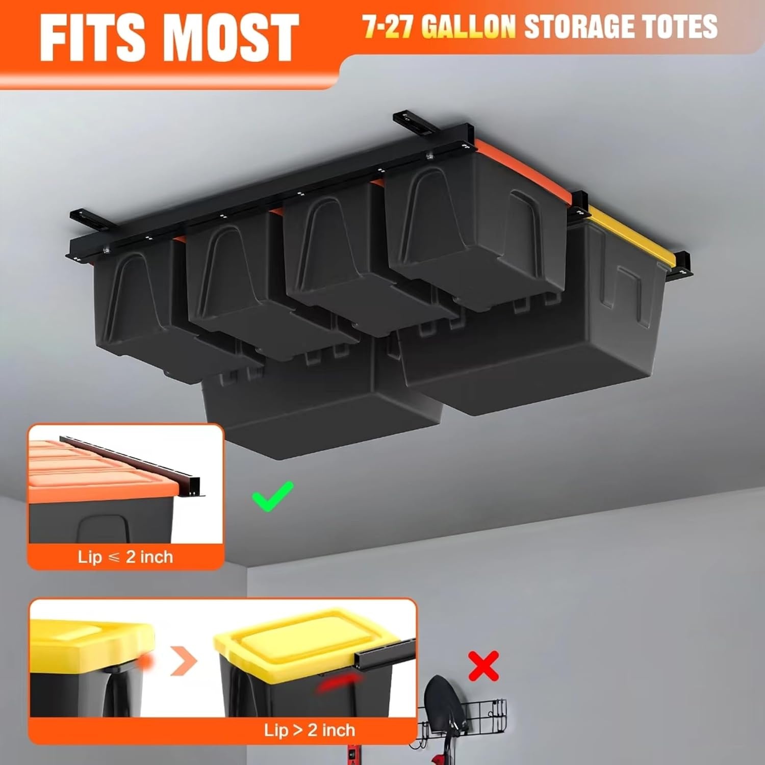 TORACK Garage Ceiling Bin Storage Rack, Overhead Tote Storage Rail System Heavy Duty Adjustable Tote Slide Rails Garage Bins Storage System(Black, Bins are not included)(Black)