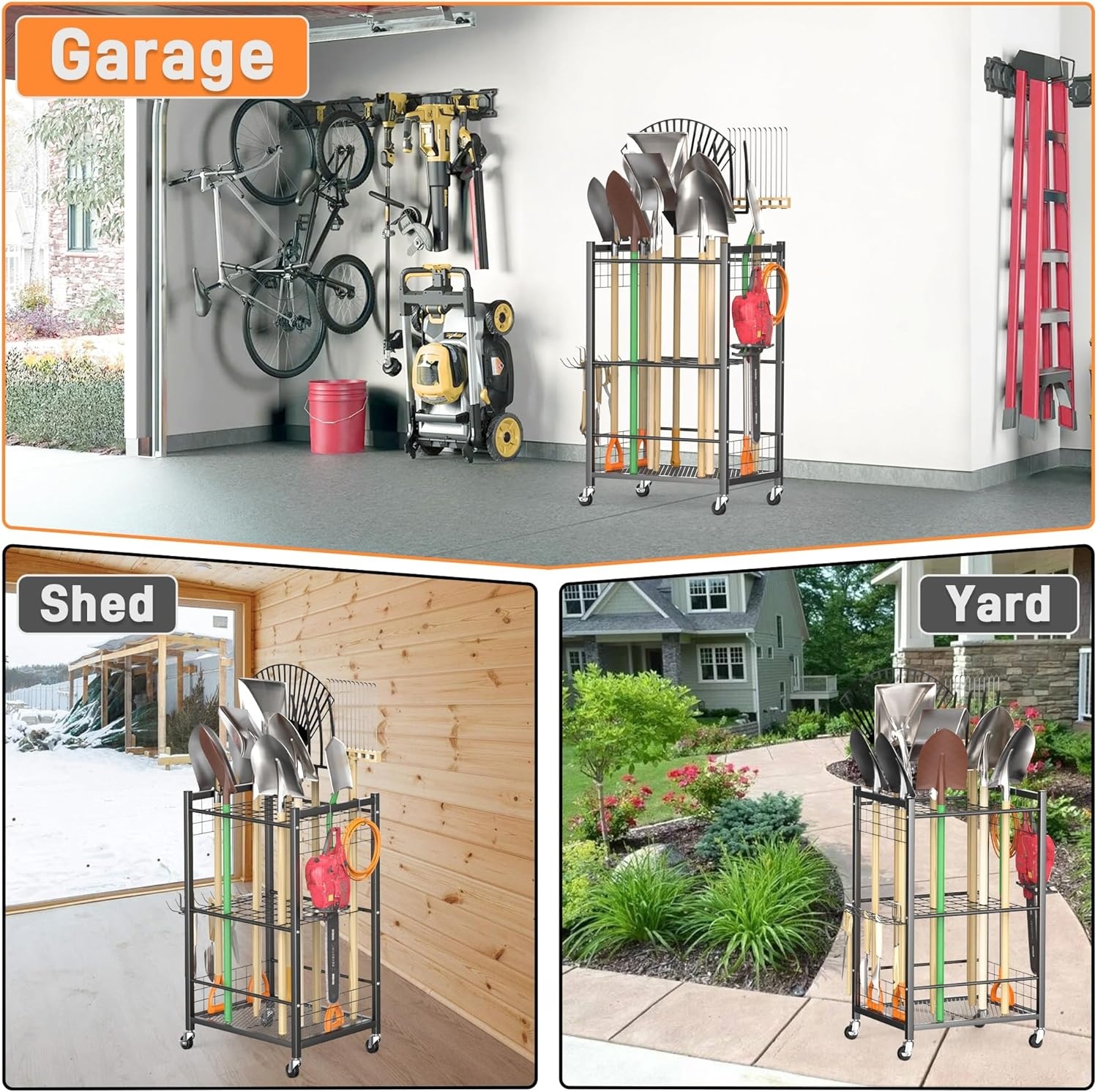 TORACK Garden Tool Stand with Wheels, Rakes Shovels Holder Yard Tools Organizer for Garage, Garden, Shed Indoor/Outdoor Long-Handled Tools Cart(Tool stand with side shelves)(Tool stand)