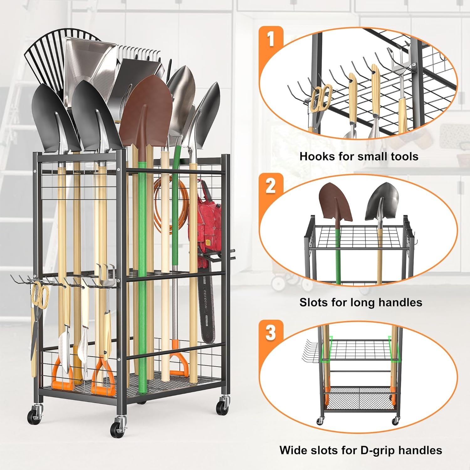 TORACK Garden Tool Stand with Wheels, Rakes Shovels Holder Yard Tools Organizer for Garage, Garden, Shed Indoor/Outdoor Long-Handled Tools Cart(Tool stand with side shelves)(Tool stand)