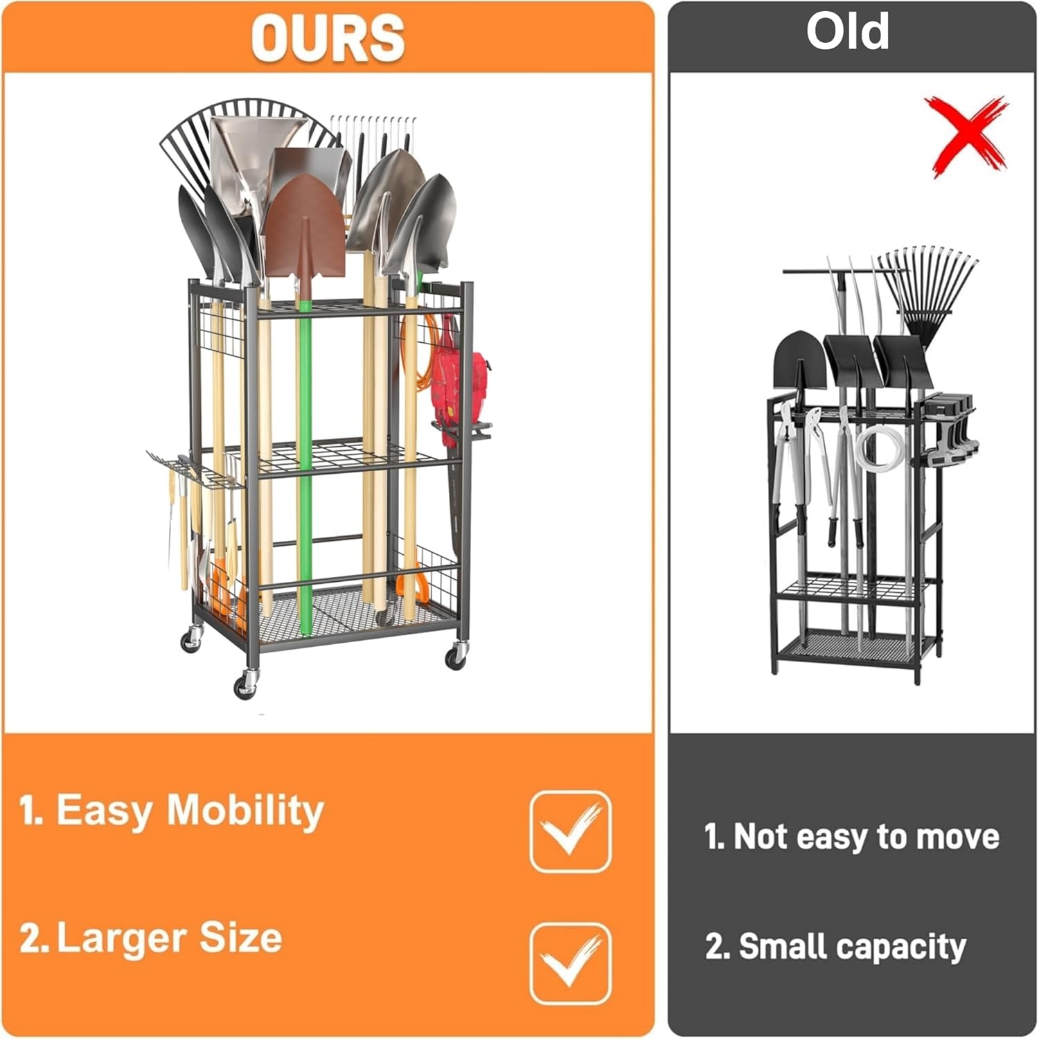 TORACK Garden Tool Stand with Wheels, Rakes Shovels Holder Yard Tools Organizer for Garage, Garden, Shed Indoor/Outdoor Long-Handled Tools Cart(Tool stand with side shelves)(Tool stand)