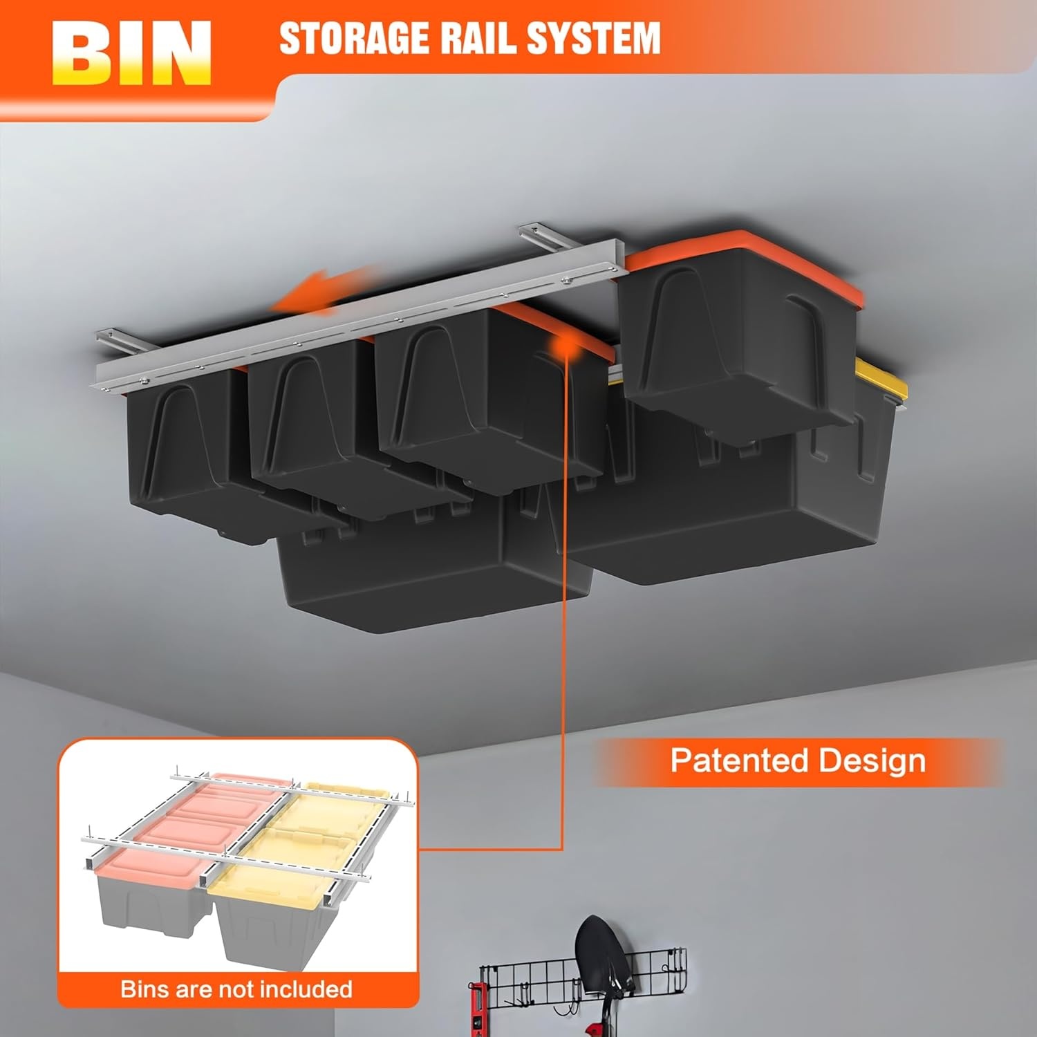 TORACK Garage Ceiling Bin Storage Rack, Overhead Tote Storage Rail System Heavy Duty Adjustable Tote Slide Rails Garage Bins Storage System(Black, Bins are not included)(White)