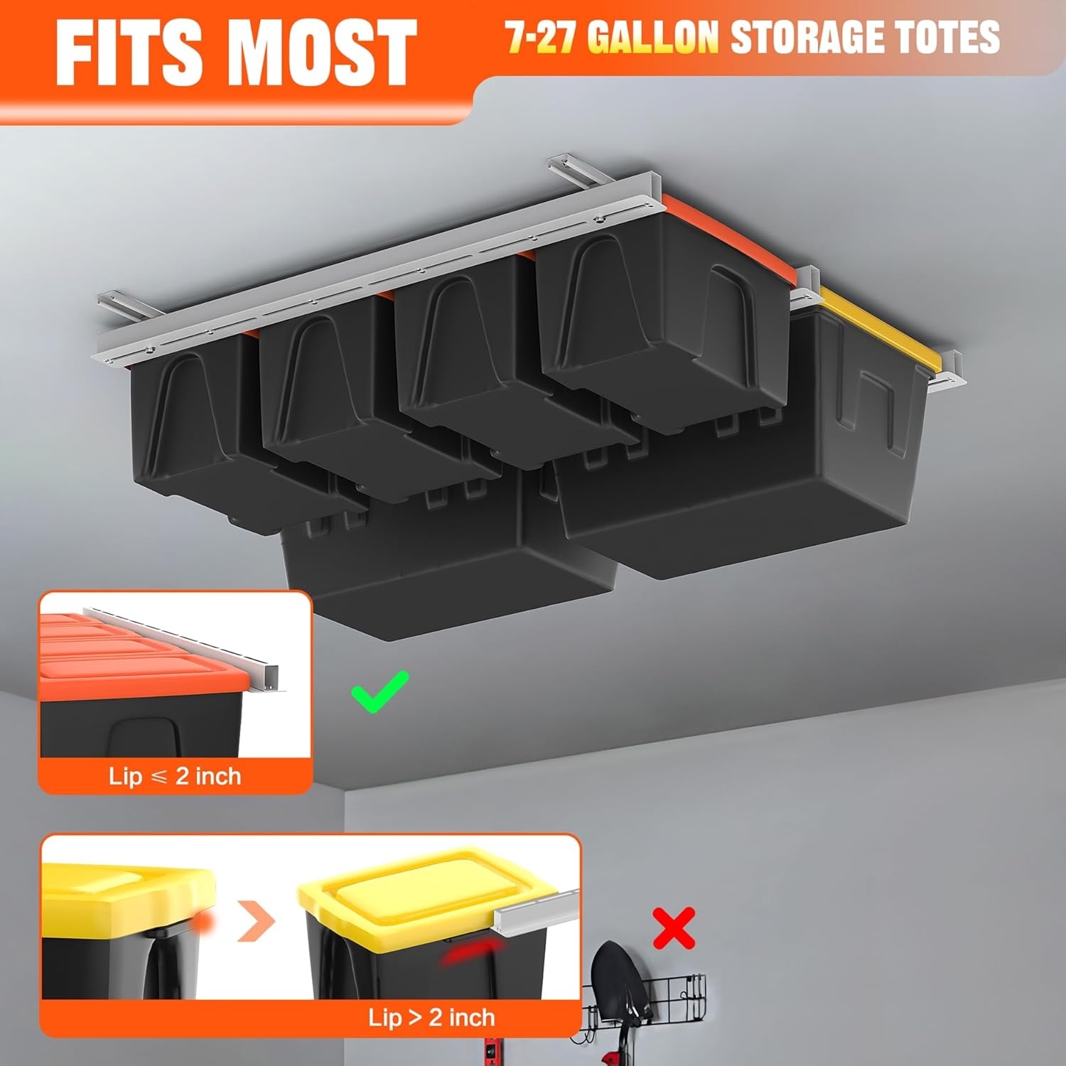 TORACK Garage Ceiling Bin Storage Rack, Overhead Tote Storage Rail System Heavy Duty Adjustable Tote Slide Rails Garage Bins Storage System(Black, Bins are not included)(White)