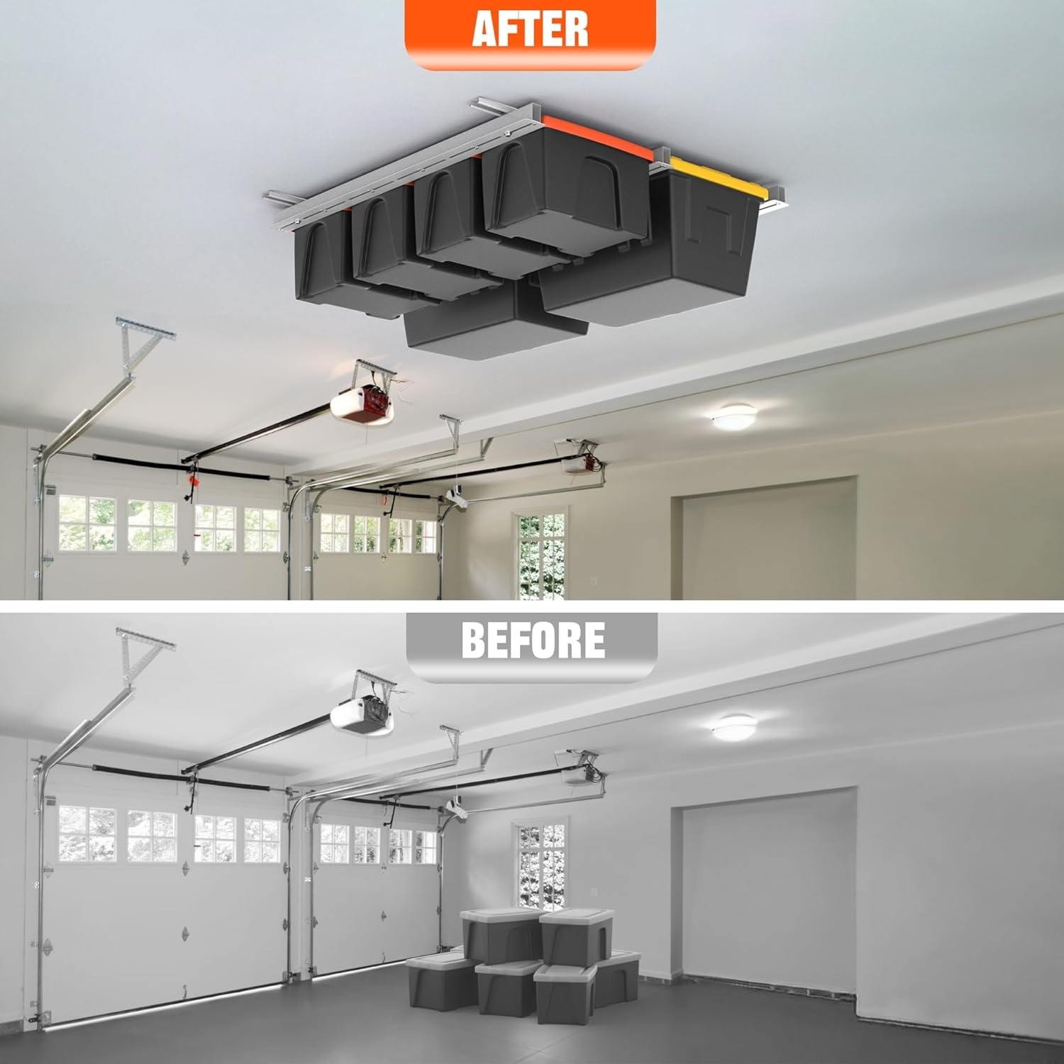 TORACK Garage Ceiling Bin Storage Rack, Overhead Tote Storage Rail System Heavy Duty Adjustable Tote Slide Rails Garage Bins Storage System(Black, Bins are not included)(White)