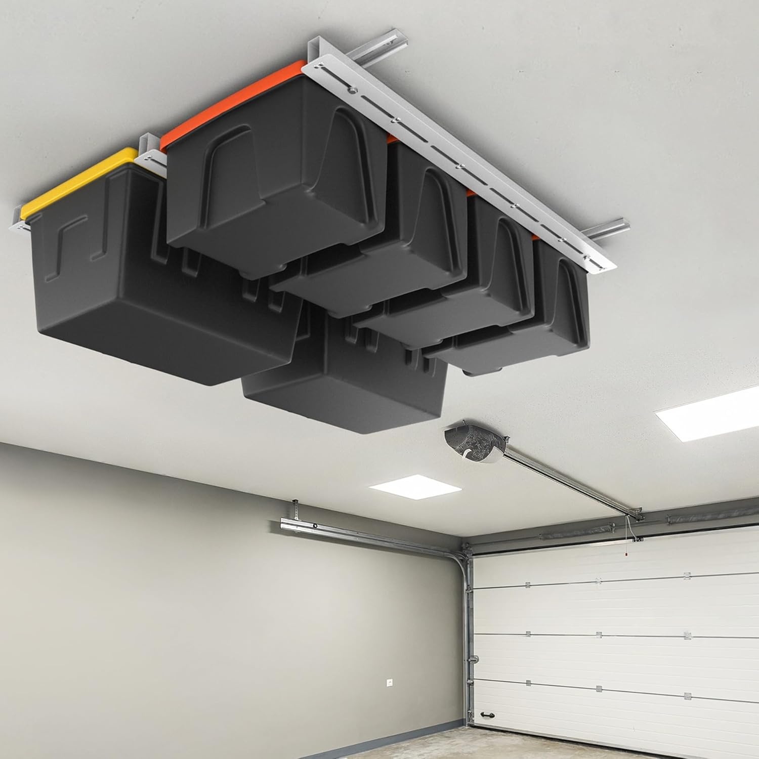 TORACK Garage Ceiling Bin Storage Rack, Overhead Tote Storage Rail System Heavy Duty Adjustable Tote Slide Rails Garage Bins Storage System(Black, Bins are not included)(White)