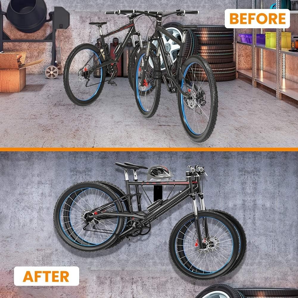 TORACK Bike Storage Rack, 2 Bicycle Hanger, Mountain Bike Wall Mount, Foldable Horizontal Bike Holder, Bike Hook for Garage, Indoor Space Saving, Portable Bicycle Stand, Reinforced: super sturdy