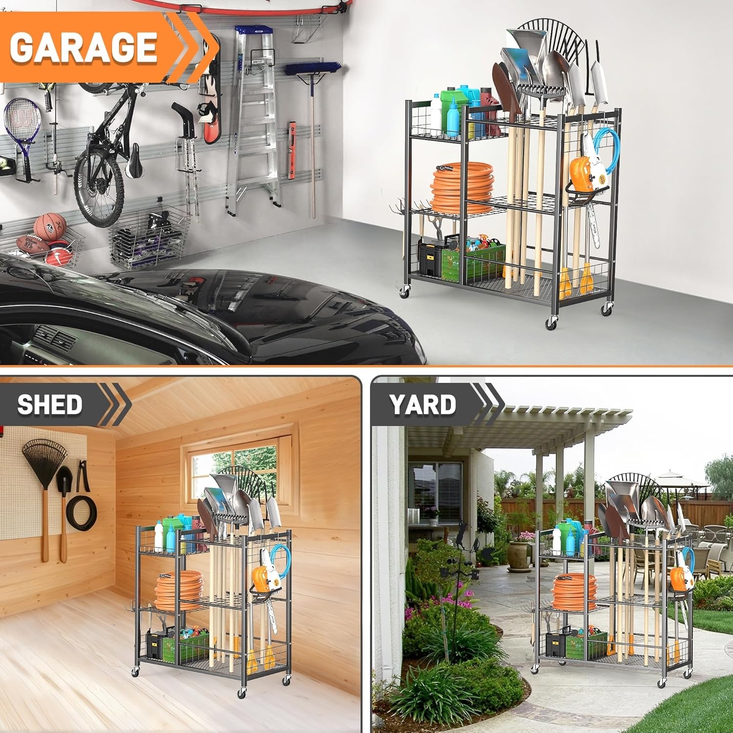 TORACK Garden Tool Stand with Wheels, Rakes Shovels Holder Yard Tools Organizer for Garage, Garden, Shed Indoor/Outdoor Long-Handled Tools Cart(Tool stand with side shelves)(Tool stand with side shelves)