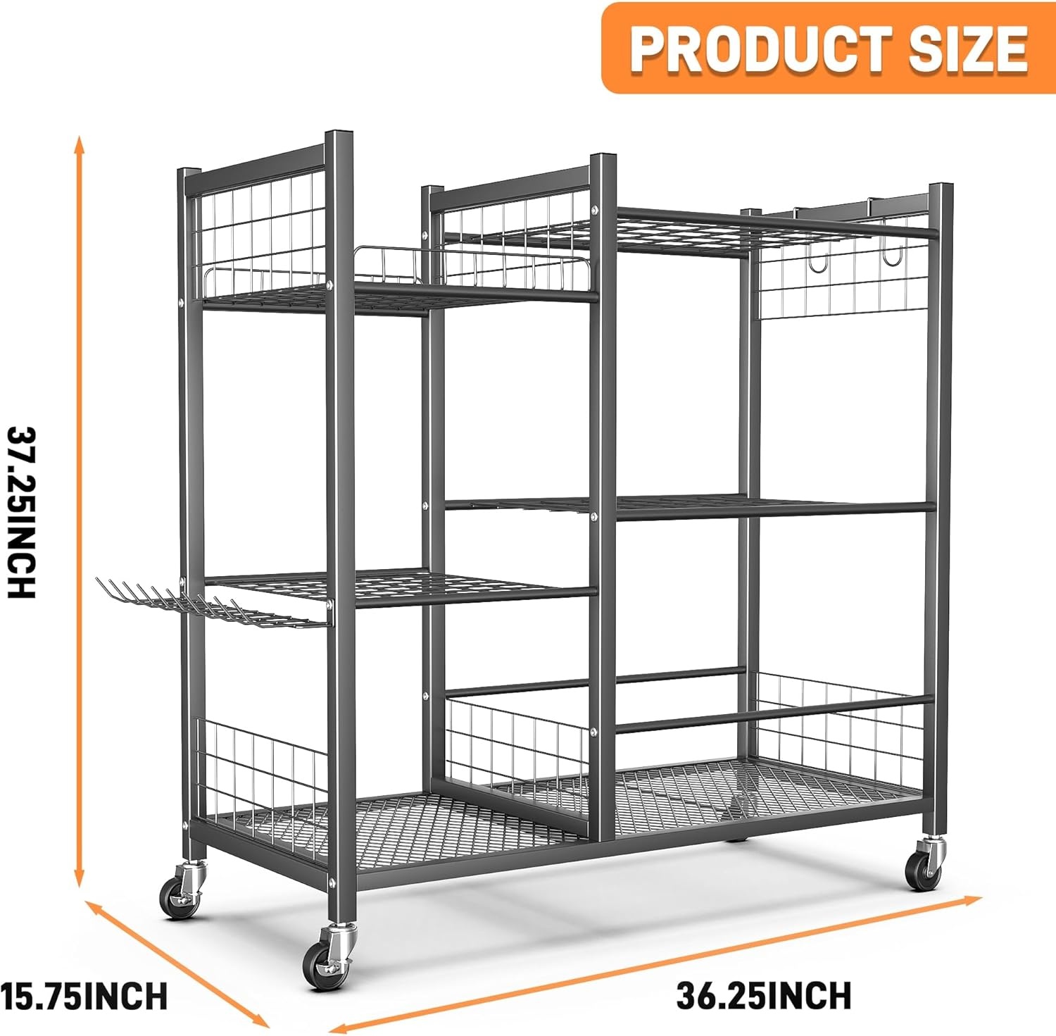 TORACK Garden Tool Stand with Wheels, Rakes Shovels Holder Yard Tools Organizer for Garage, Garden, Shed Indoor/Outdoor Long-Handled Tools Cart(Tool stand with side shelves)(Tool stand with side shelves)