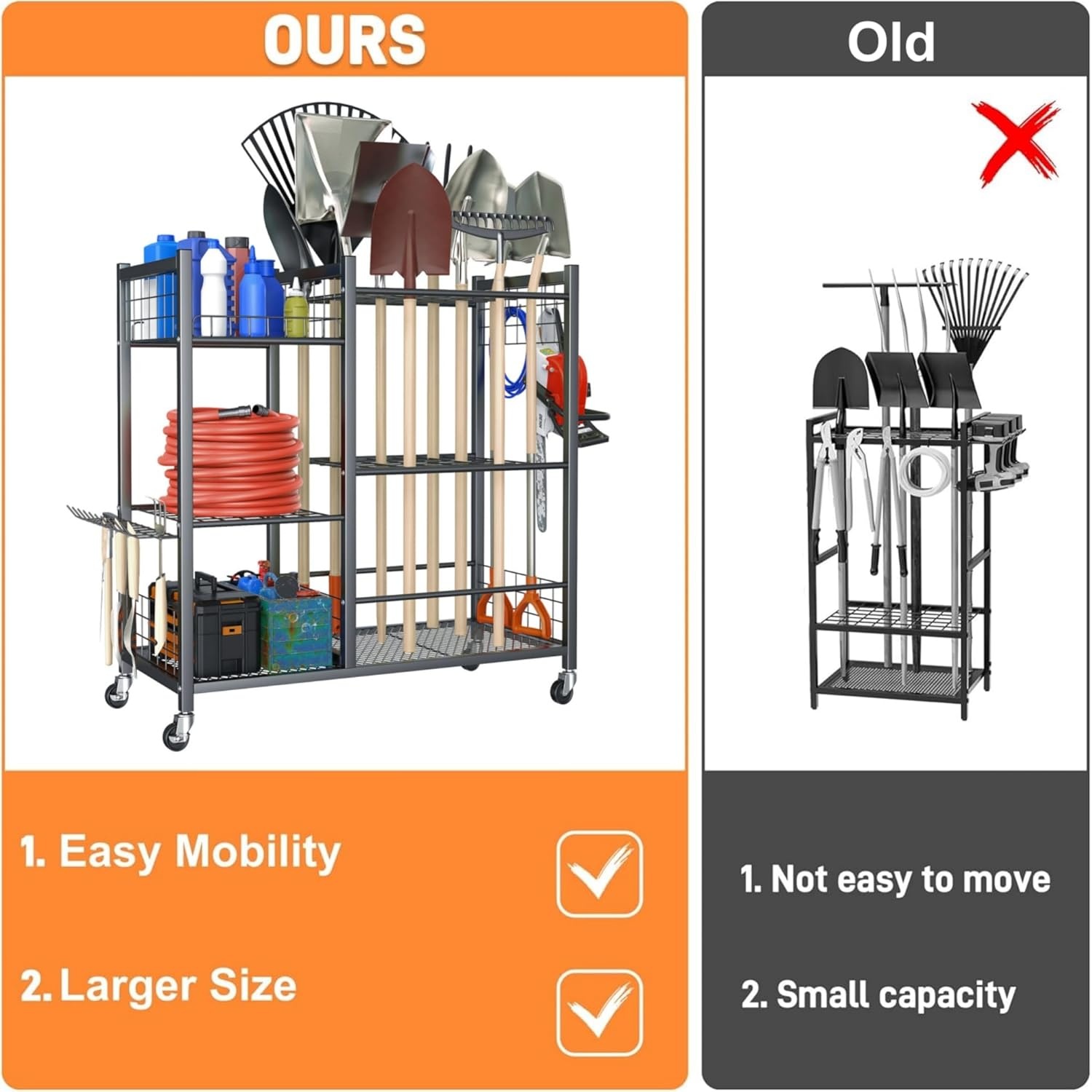 TORACK Garden Tool Stand with Wheels, Rakes Shovels Holder Yard Tools Organizer for Garage, Garden, Shed Indoor/Outdoor Long-Handled Tools Cart(Tool stand with side shelves)(Tool stand with side shelves)