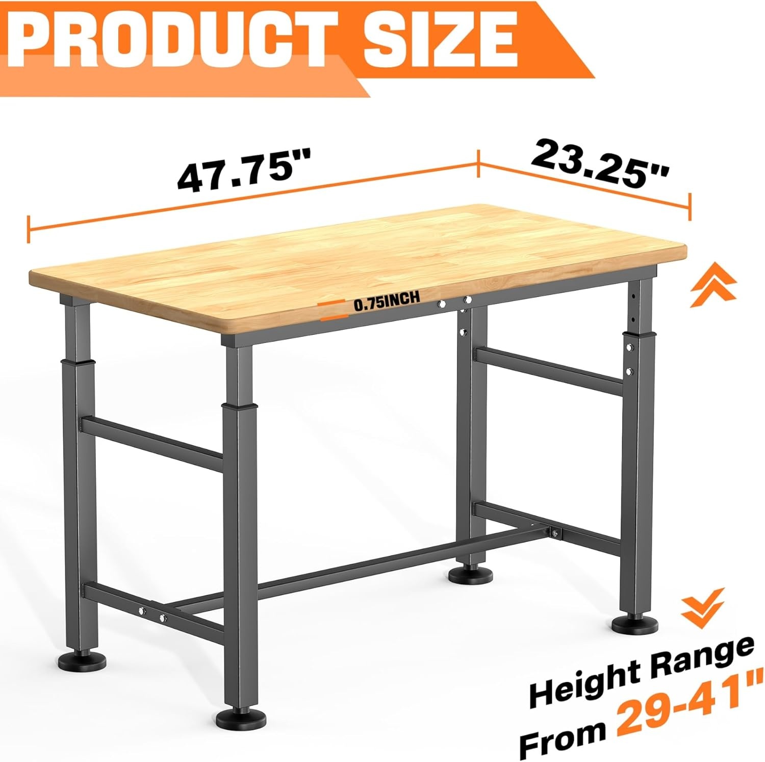 TORACK Adjustable Workbench with Rubberwood Top, 32″ x 18″ Heavy-Duty Garage Work Table, Height Adjustable 28″–38″, Supports Up to 1500 lbs(47.75 x 23.25 inch)