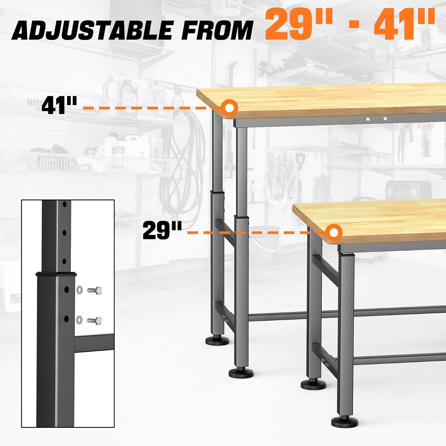 TORACK Adjustable Workbench with Rubberwood Top, 32″ x 18″ Heavy-Duty Garage Work Table, Height Adjustable 28″–38″, Supports Up to 1500 lbs(47.75 x 23.25 inch)
