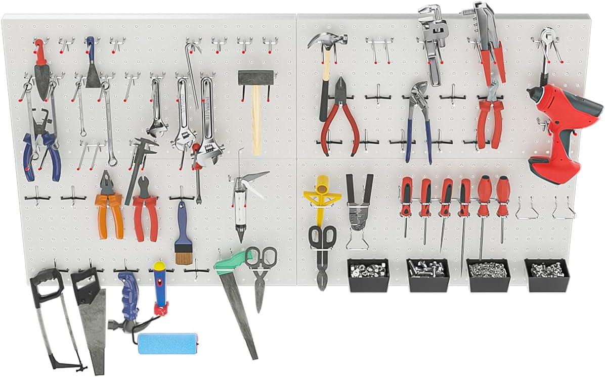 TORACK 97pcs Garage Storage, 48×24 inch Pegboard Wall Organizer, Metal Pegboard with Hooks, Garage Storage Bins, Utility Tool Board, Panel Tool Organizer, Silver