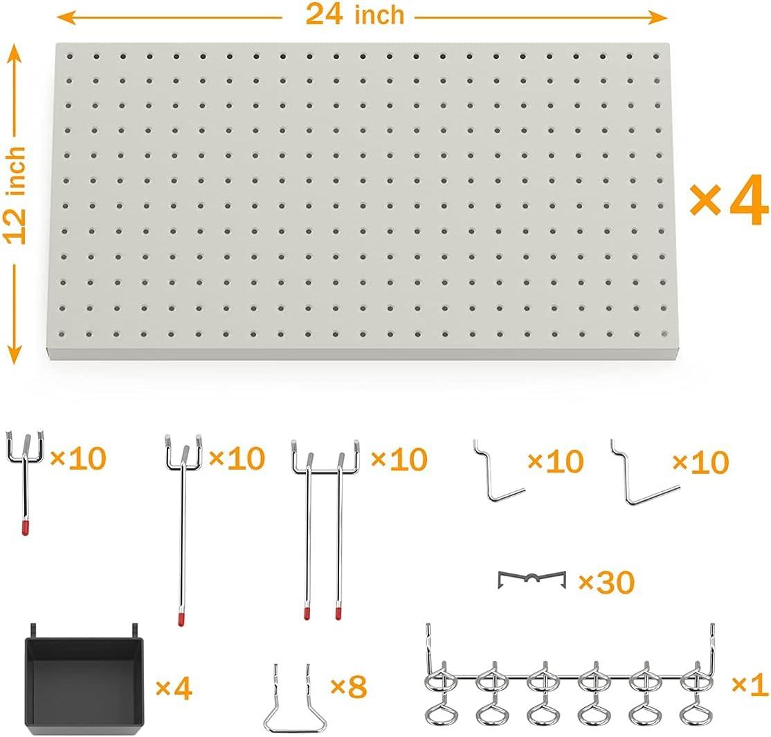 TORACK 97pcs Garage Storage, 48×24 inch Pegboard Wall Organizer, Metal Pegboard with Hooks, Garage Storage Bins, Utility Tool Board, Panel Tool Organizer, Silver